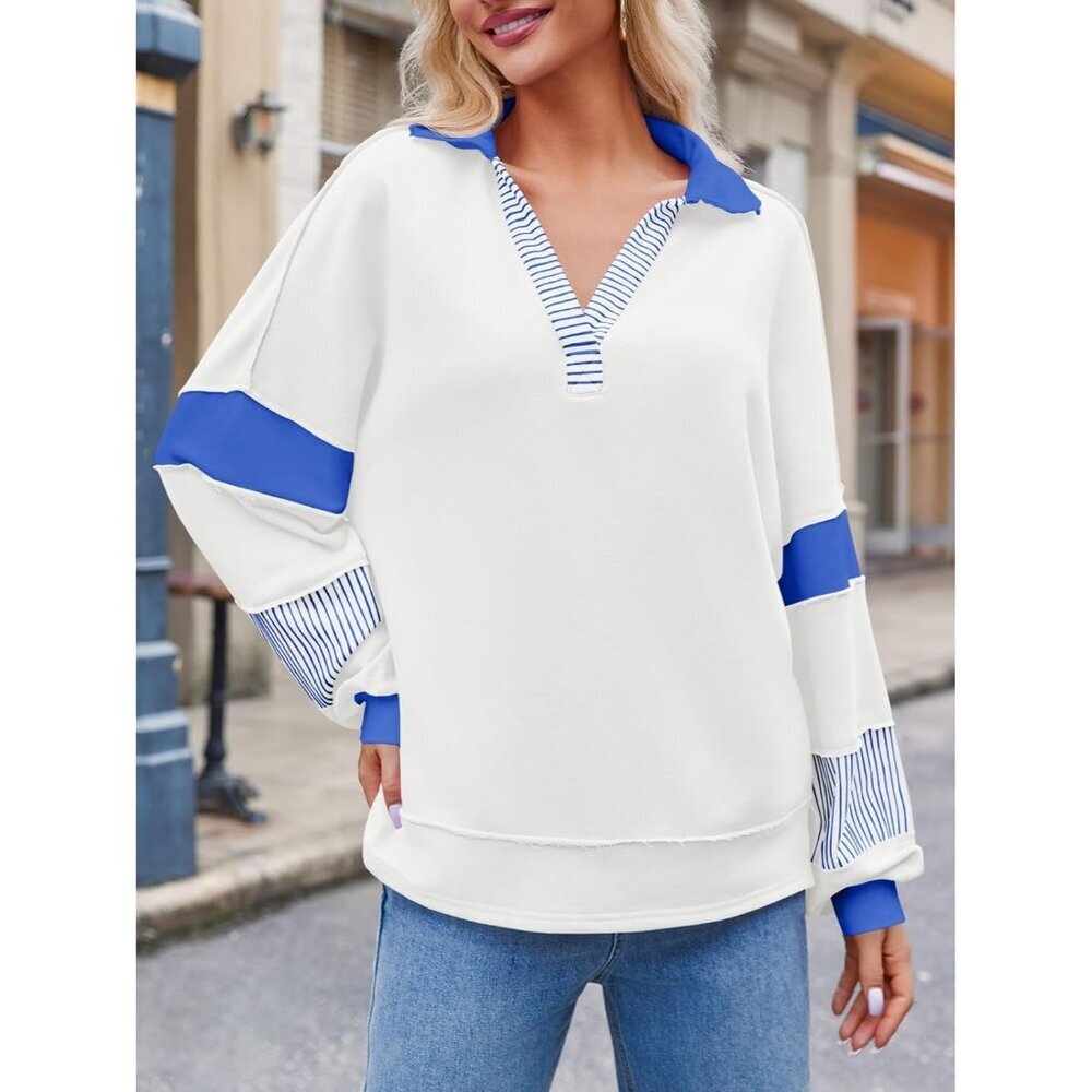 Women's Oversized Color Block Sweatshirt Cotton Polyester V Neck Casual - Picture 2 of 6